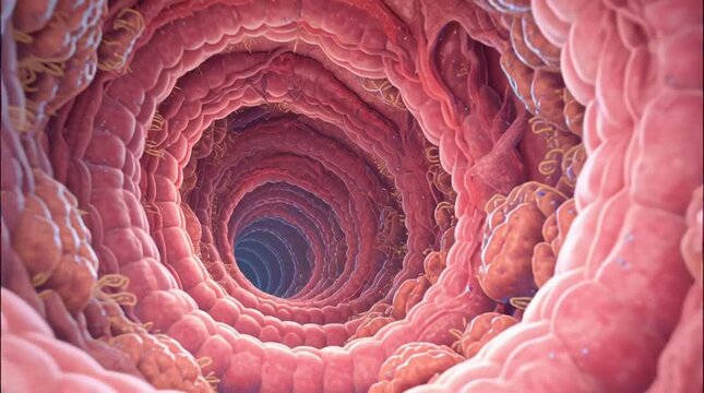 Dynamic 3D visualization of the human intestine's intricate internal lining, showcasing microscopic villi and the deep, winding pathway of the digestive system for medical education and research