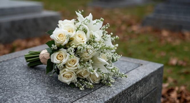 Fake white floral bouquet resting on tombstone surface