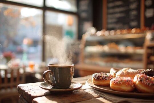 Morning ritual of coffee and donuts in a comforting cafe setting