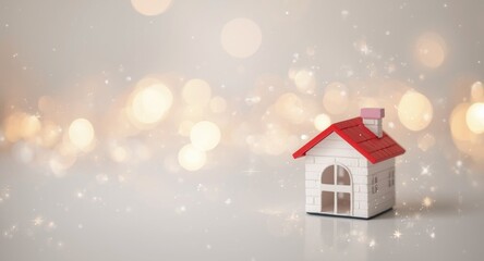 Fototapeta premium Romantic themed Valentines card presenting white toy house with red roof and sparkly bokeh lights