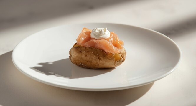 Flavorful baked potato packed with smoked salmon and creamy sour cream on a white plate