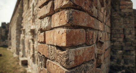 Fototapeta premium Rough cracked bricks on a historic stone fortress wall from the eighteenth century in close-up