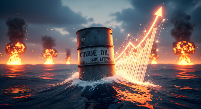 Crude oil barrel in water with explosions and rising graph