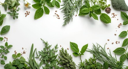 Obraz premium Natural healing fresh herb display arranged on white surface with green leaf textures top perspective