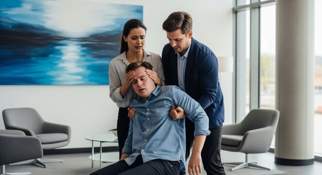 Two concerned colleagues assisting a young man who is feeling unwell and collapsing in a modern office environment