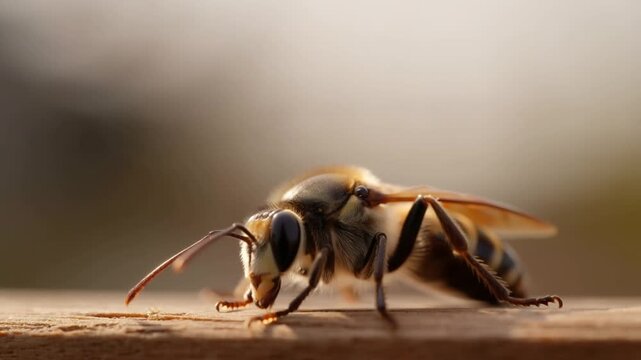 Close-up of a bee crawling on a wooden surface. Essential pollinator contributing to ecosystem health and biodiversity
