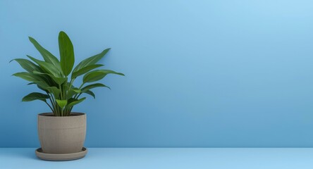 Fototapeta premium Green potted plant as part of traditional decoration with a calm blue backdrop