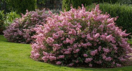 Obraz premium Beautiful garden landscape featuring pink flowering shrubs