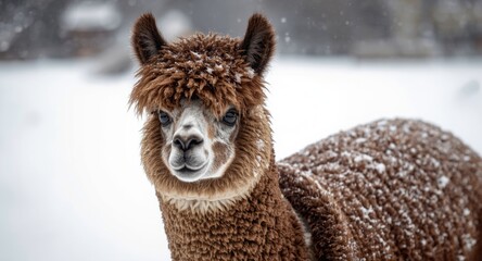 Naklejka premium Glum alpaca wrapped in heavy fleece during snowy weather