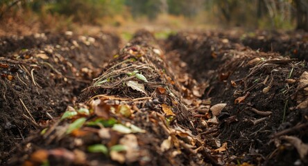 Obraz premium Effective fertilizer creation by composting organic waste in windrow formations