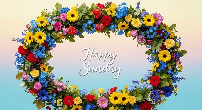 Vibrant floral wreath with colorful flowers and foliage on gradient background