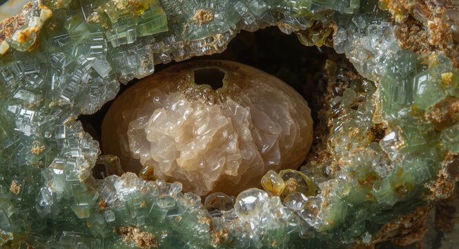 Macro shot of thunderegg agate geode nestled in green rhyolite matrix