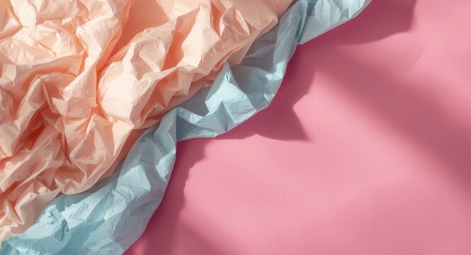 Crumpled pastel paper texture layered on a vibrant pink abstract backdrop with gentle shadows