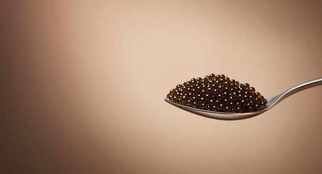 Serving spoon carrying premium beluga caviar with copyspace zone