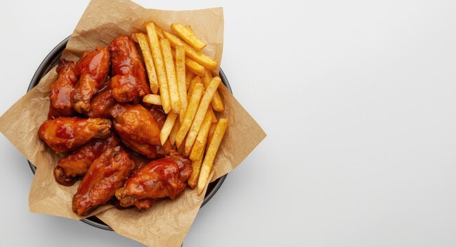 Flat lay presentation of glazed chicken wings and crispy fries with napkin