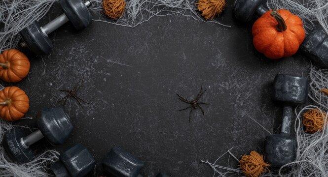 Halloween themed gym workout with dumbbells and ceramic pumpkin figures surrounded by spider webs