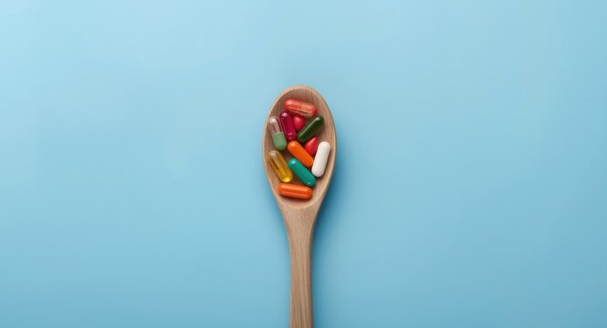Nutritional supplements in wooden spoon on smooth blue background with copy space