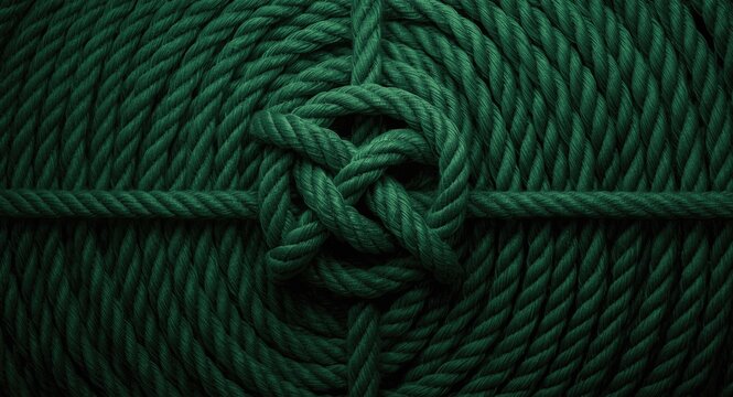 Hand tied maritime knot displayed on dense green roped background