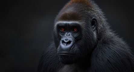 Obraz premium Portrait of a gorilla with glowing scarlet eyes in a muted backdrop