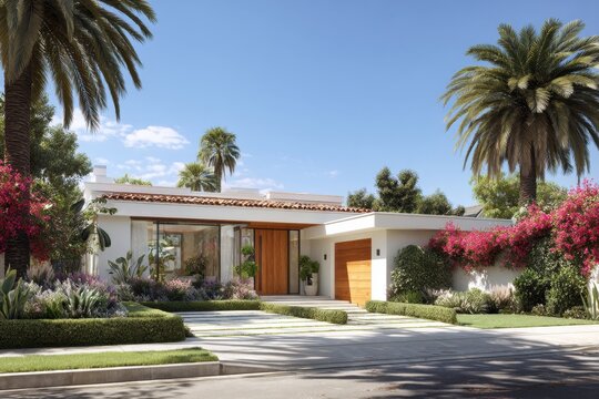 Sunny modern California house in a palm-lined Los Angeles neighborhood with white stucco exterior and red tile roof