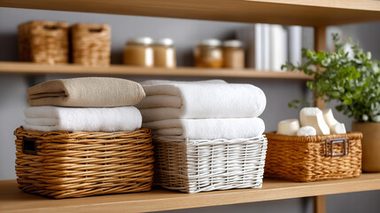Fototapeta premium Shelf filled with neatly organized towels and baskets, functional home storage and decor lifestyle concept, defocused background , with copy space