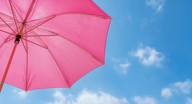 Fresh pink umbrella paired with a cloudless blue sky plus copy space