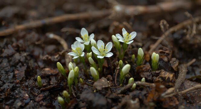 Focused detail on delicate bogbean flowers blooming in moist soil