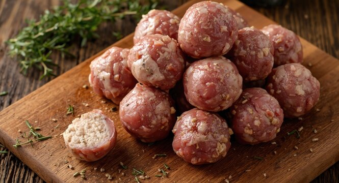 Fresh raw meatballs with thyme seasoning on wooden backdrop and copy space