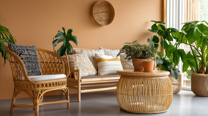 Fototapeta premium Boho-chic living room with a peach color palette, trendy decor, and stylish furniture, comfortable eclectic home lifestyle concept, defocused background , with copy space