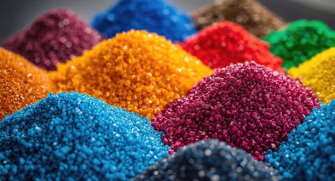 Laboratory display of vibrant polymer granules for masterbatch product catalogs