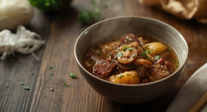 Pork ribs simmered with winter melon and shiitake mushrooms in a herb scented broth