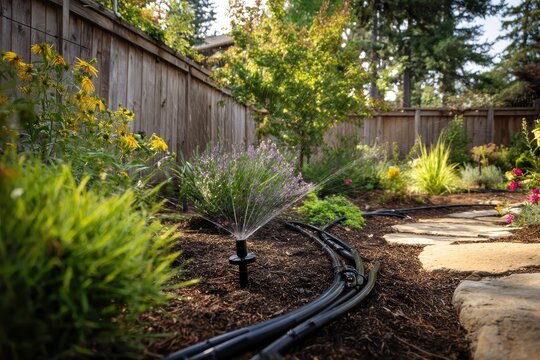 Lush landscape featuring an irrigation system among shrubs, flowers, and mulch in a sunlit yard