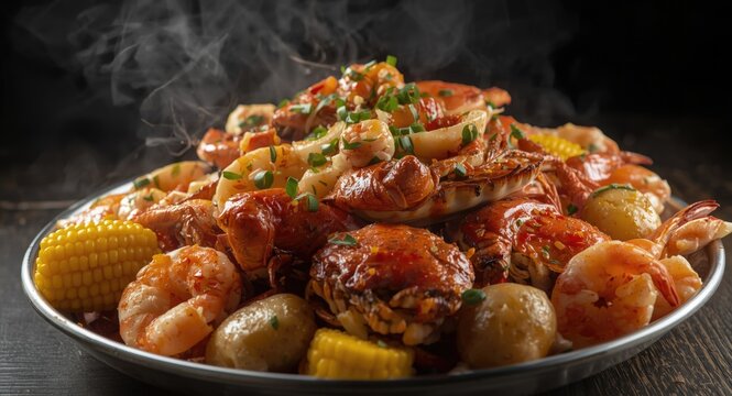 Seafood boil with garlic crab spicy crab legs new potatoes corn and shrimp platter