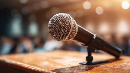 Microphone on podium in a university seminar room with out-of-focus audience