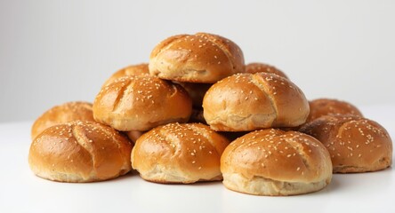 Fototapeta premium Pile of fresh hamburger rolls on a clean white surface