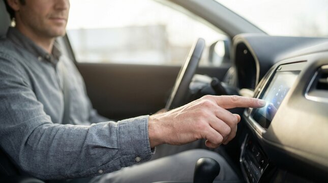 Man interacting with touchscreen display in car interior  
