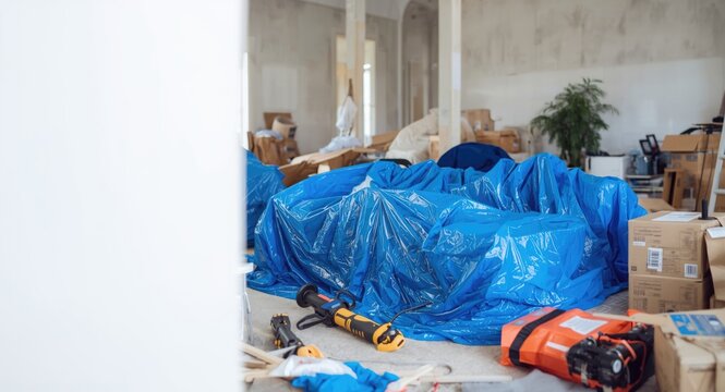 Room in progress with furniture draped in blue plastic tarps surrounded by packing materials and renovation gear copy space