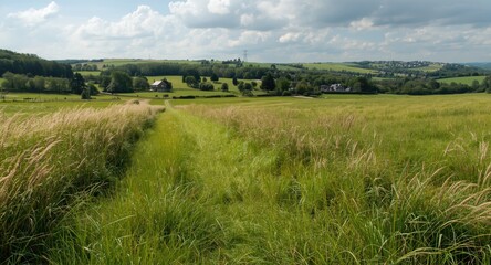 Obraz premium Expansive green meadow dotted with wild sedge leading to a small village beyond