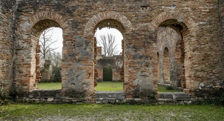 Obraz premium Fallen ancient structure exhibiting cracked arch window frames