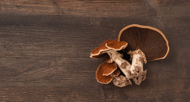 Ganoderma lucidum Ling zhi mushroom close up on natural wooden surface with empty copy space