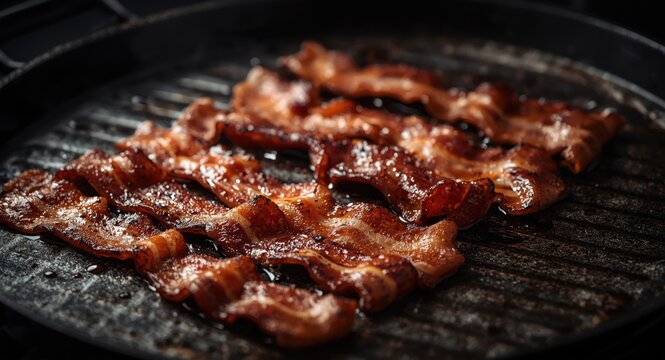 Hot griddle pan filled with sizzling bacon strips