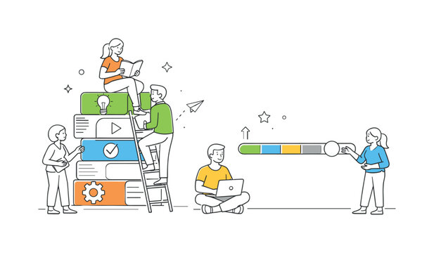 A microlearning and continuous skill development scene showing employees gaining knowledge in small steps together around a large stack of short modules and a simple progress bar