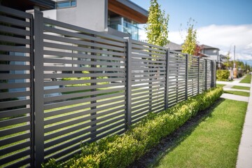 Fototapeta premium Modern horizontal metal fence lines a calm residential yard with manicured lawn