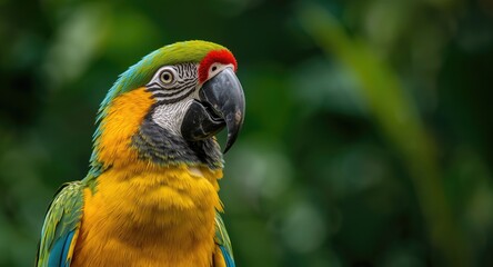 Fototapeta premium Colorful tropical nature scene highlighting a parrot with yellow feathers and a prominent beak on green backdrop