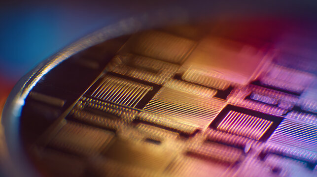 Close-up of a digital currency coin with vibrant colorful light reflections, showcasing intricate microchip-like patterns and modern technology