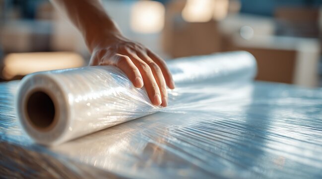 Worker hand wrapping pallet with transparent plastic stretch film in warehouse