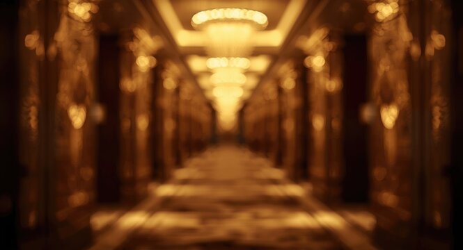 High quality blurred gold lights in a luxury hotel corridor with warm cinematic bokeh for design background