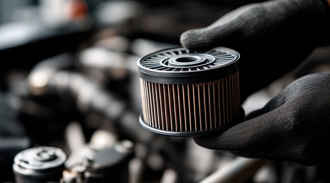 Hands in black gloves holding new car oil filter against engine background