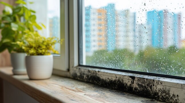 Black mold growing on window frame and sill with condensation on glass
