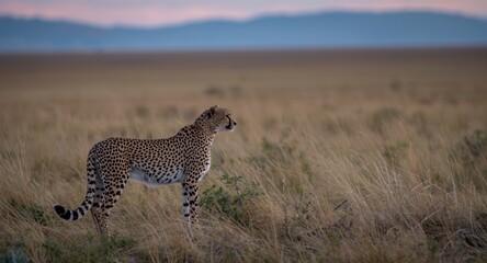 Naklejka premium Fleet-footed cheetah surveying vast open plain at dusk